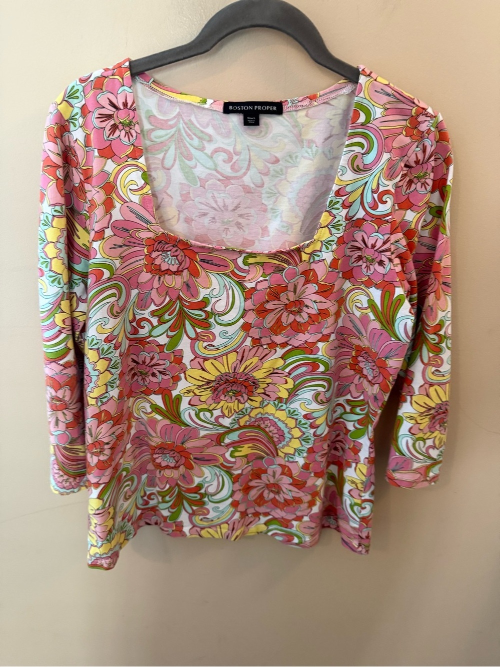 Boston Proper Top Retro Floral Print Blouse Square Neck 3/4 Sleeve Knit size L